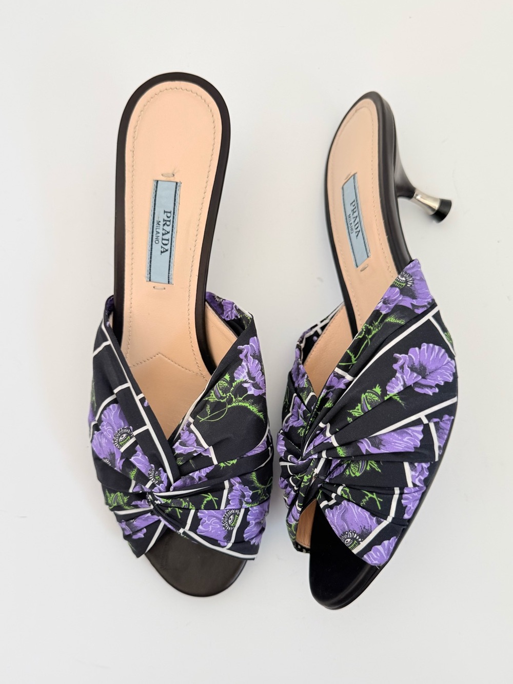 Prada Floral Bow Kitten Heel Mules Purple Black Silk Sandals 38